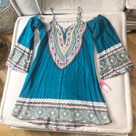 Xhiliration Teal Mosiac Boho Dress - Picture 2 of 15